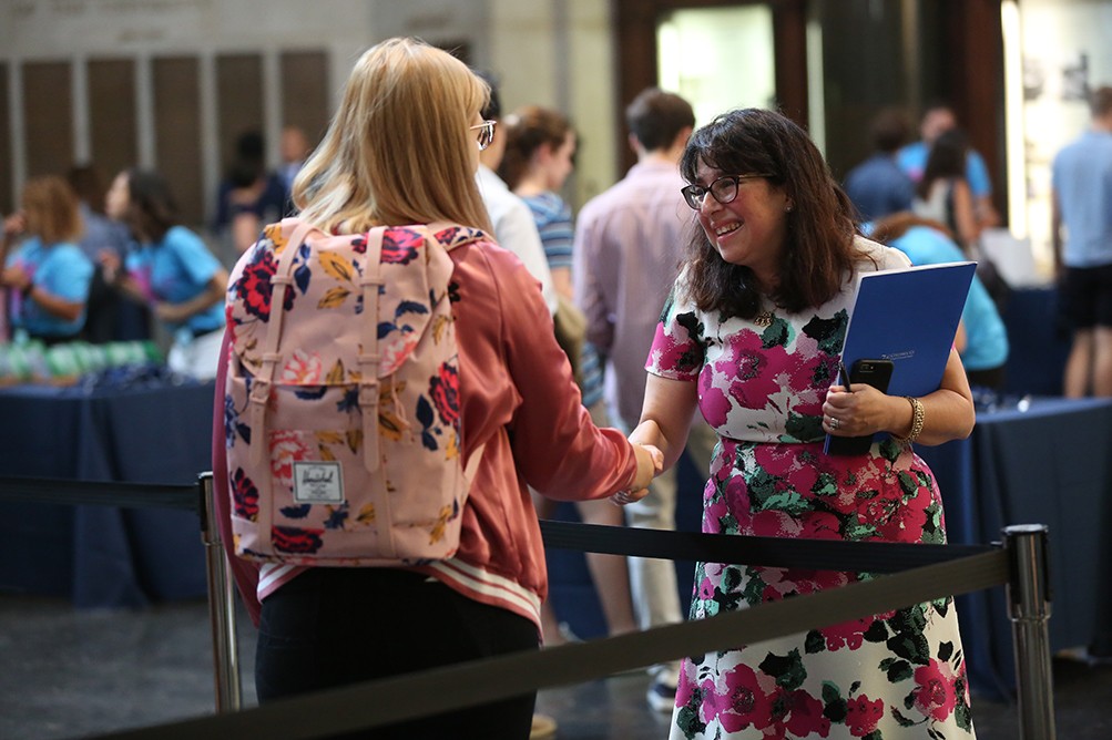 Lisa Rosen-Metsch, Dean of the School of General Studies, greets incoming Fall 2019 students Dean Rosen-Metsch greets incoming Fall 2019 students