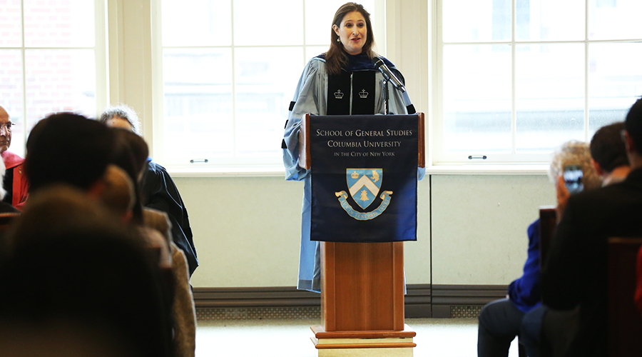 Dean of Academic Affairs Victoria Rosner addresses attendees from the podium