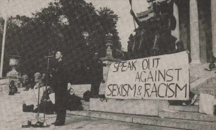 Students protest against sexism and racism on the steps on Low Library
