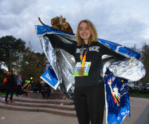 Blythe Edwards '21GS after running the 2019 NYC marathon