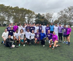 Jeremy Zhang '23GS participating in a soccer match between NYU Law and Columbia Law students