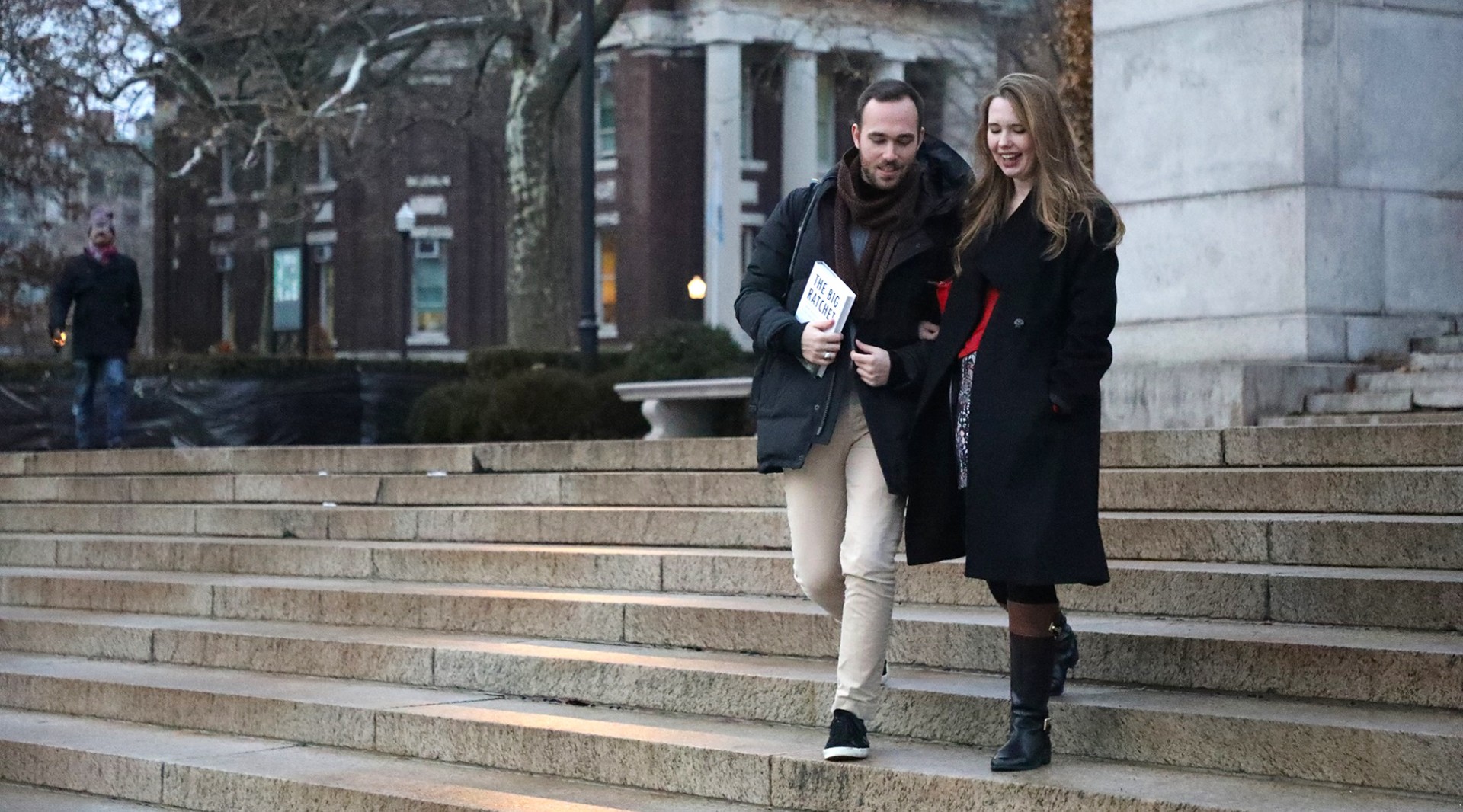 Sepp Panzer walks to class on the Columbia University campus with Genevieve Shaw Grant, Dual BA Program student