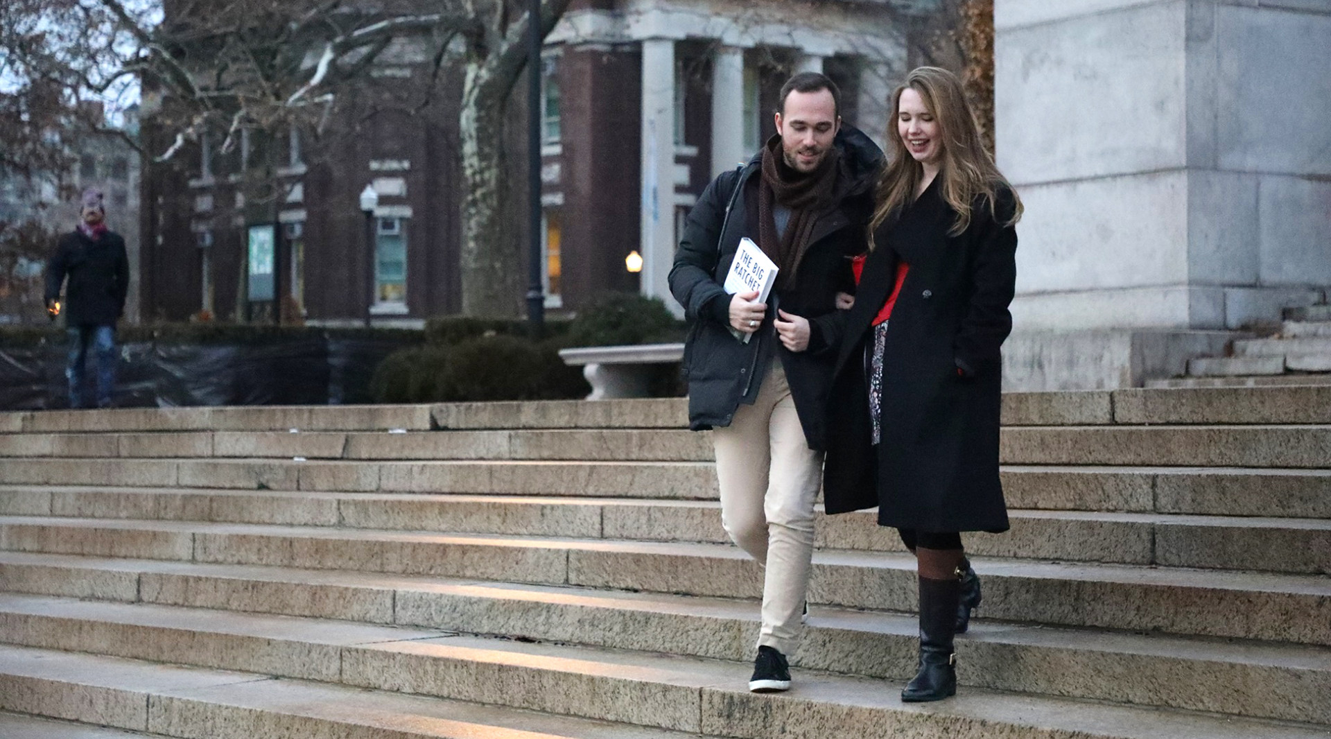 Sepp Panzer walks to class on the Columbia University campus with Genevieve Shaw Grant, Dual BA Program student